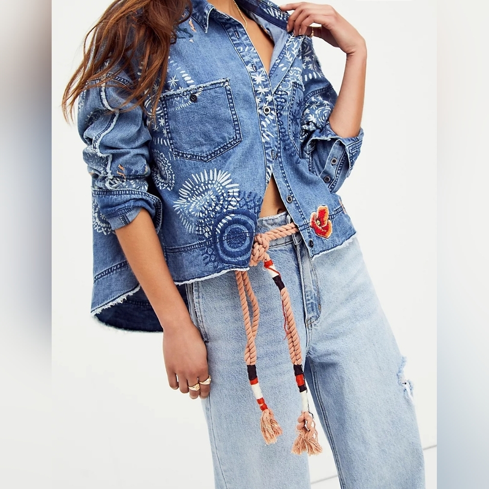 Marrakesh Free People Embroidered Denim Top Jacket NWT Boho Hippie Funky Boxy - Picture 4 of 14